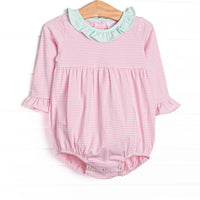  The bubble features mint green ruffle collar, light pink stripes, and soft knit material. 