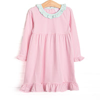  The dress features mint green ruffle collar, light pink stripes, and soft knit material. 