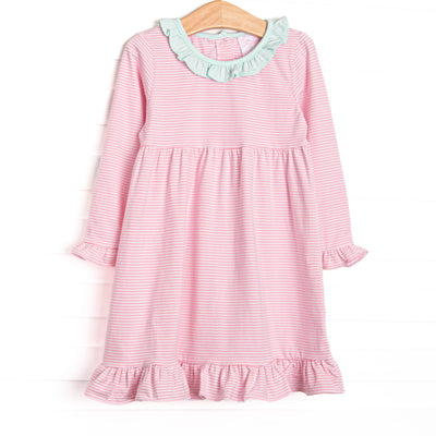  The dress features mint green ruffle collar, light pink stripes, and soft knit material. 