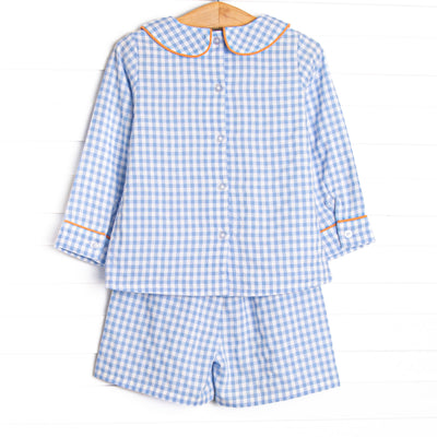 Autumn Days Embroidered Long Sleeve Short Set, Blue