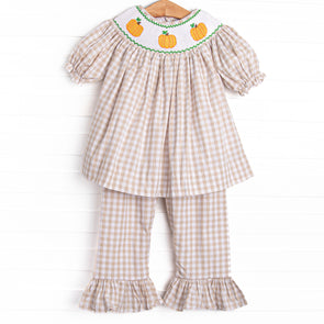 Plentiful Pumpkins Smocked Ruffle Pant Set, Brown