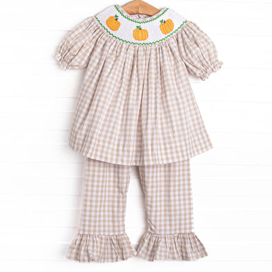Plentiful Pumpkins Smocked Ruffle Pant Set, Brown