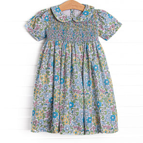 Carnival Carnations Smocked Dress, Blue