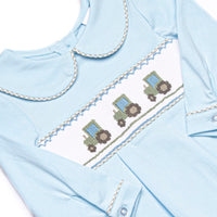 Tilling Tractors Smocked Romper, Blue
