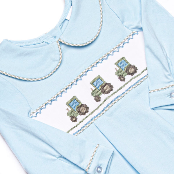 Tilling Tractors Smocked Romper, Blue