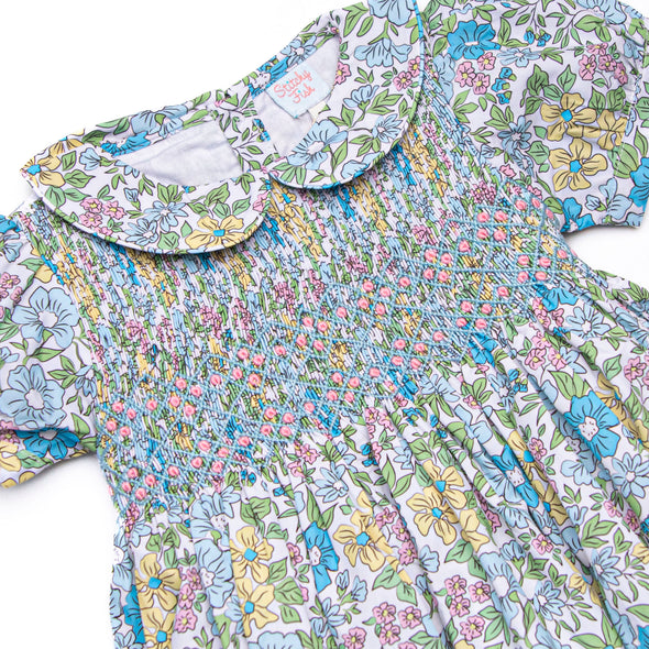 Carnival Carnations Smocked Dress, Blue