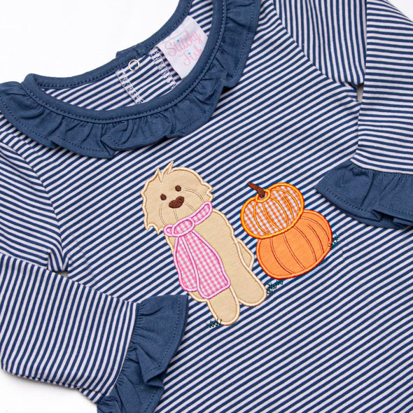Autumn Fest Friend Applique Ruffle Romper, Navy