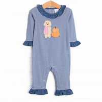  This romper features a navy striped print, snaps on the stride, and a puppy and pumpkin applique. 