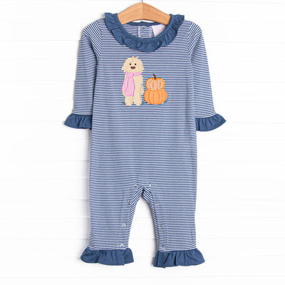  This romper features a navy striped print, snaps on the stride, and a puppy and pumpkin applique. 
