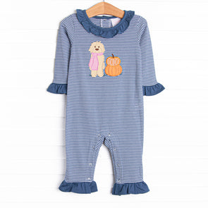 Autumn Fest Friend Applique Ruffle Romper, Navy