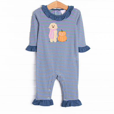Autumn Fest Friend Applique Ruffle Romper, Navy