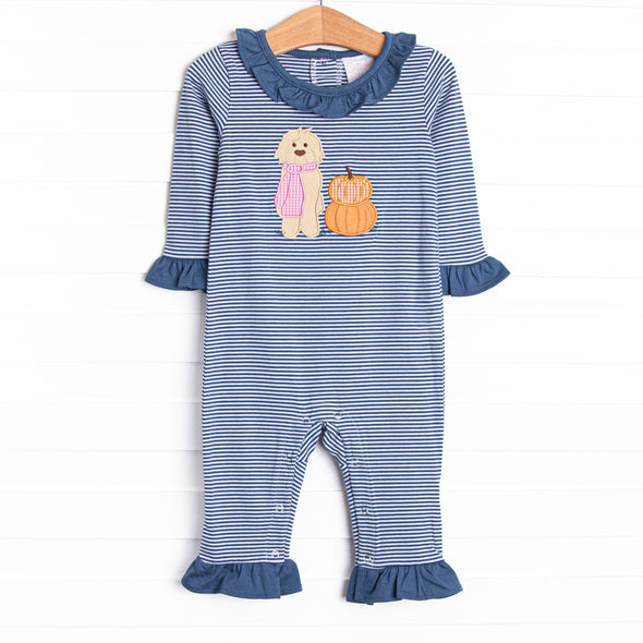 Autumn Fest Friend Applique Ruffle Romper, Navy