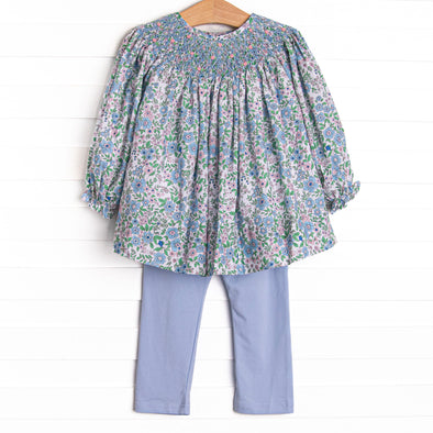 Tea Party Petals Smocked Legging Set, Blue