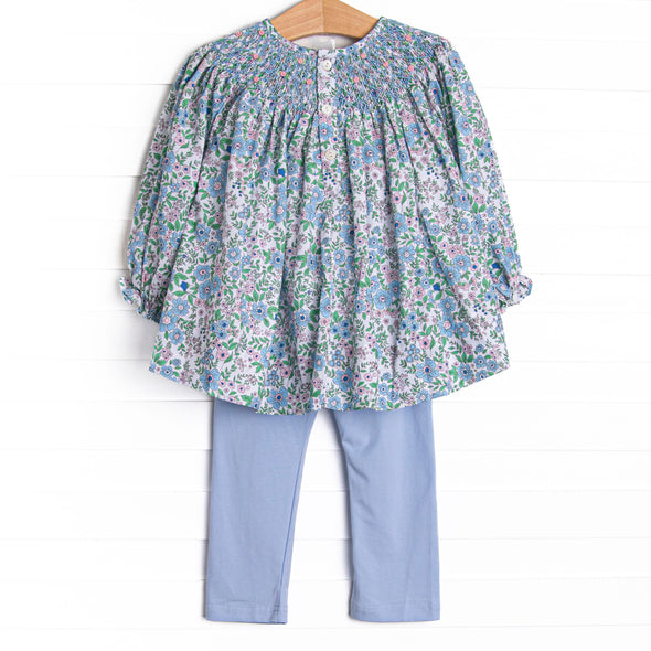 Tea Party Petals Smocked Legging Set, Blue