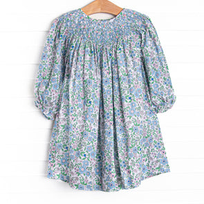 Tea Party Petals Smocked Bishop Dress, Blue
