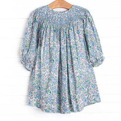 Tea Party Petals Smocked Bishop Dress, Blue