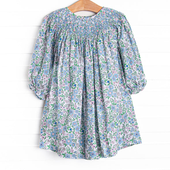 Tea Party Petals Smocked Bishop Dress, Blue