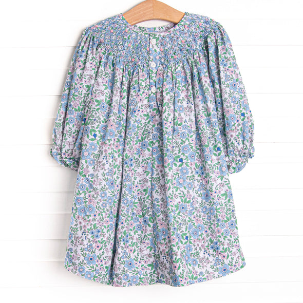 Tea Party Petals Smocked Bishop Dress, Blue