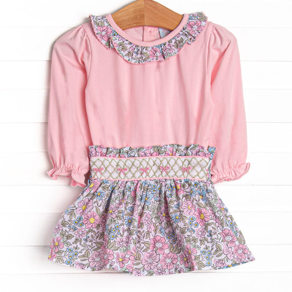 Ruffled Ribbons Smocked Skirt Set, Pink