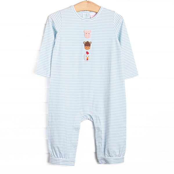  This romper features a blue striped print, snap on the stride, and a trio of farm animal embroideries. 