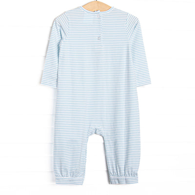 Farm Animal Friends French Knot Embroidered Romper, Blue