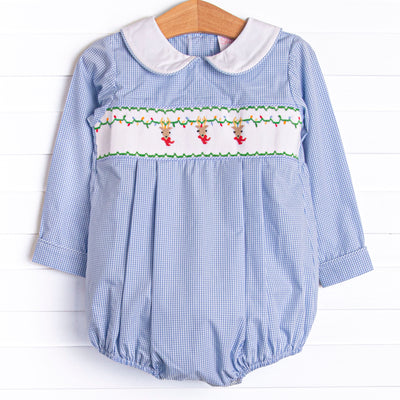Reindeer Cheer Smocked Boy Bubble, Blue