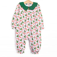 This romper features a Christmas tree and ribbon print, a green scalloped collar and red picot trim.