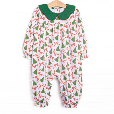 This romper features a Christmas tree and ribbon print, a green scalloped collar and red picot trim.