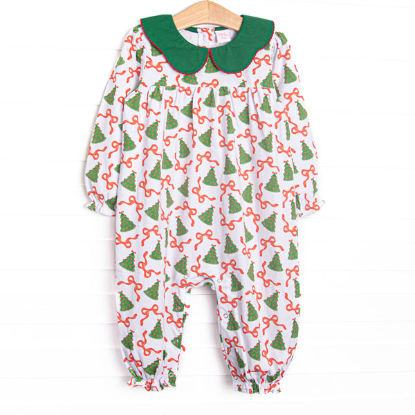 This romper features a Christmas tree and ribbon print, a green scalloped collar and red picot trim.