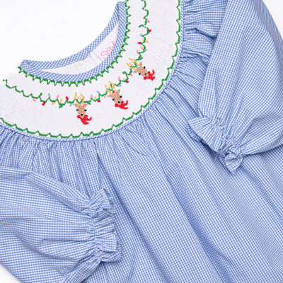 Reindeer Cheer Smocked Girl Bubble, Blue