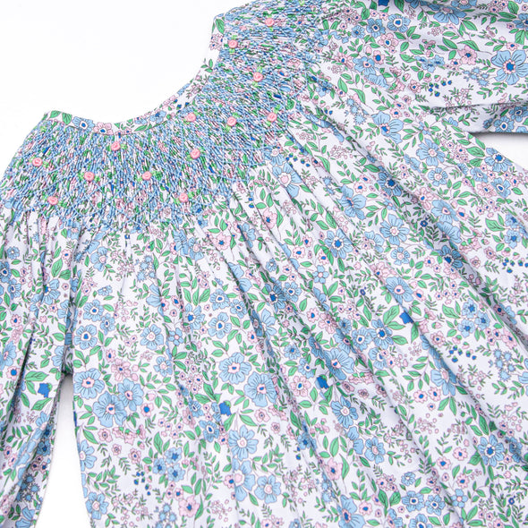 Tea Party Petals Smocked Bishop Dress, Blue