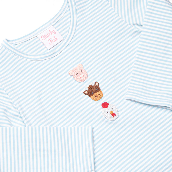 Farm Animal Friends French Knot Embroidered Top, Blue