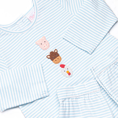 Farm Animal Friends French Knot Embroidered Romper, Blue