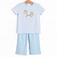 Rocking Horse Rider Applique Pant Set, Blue