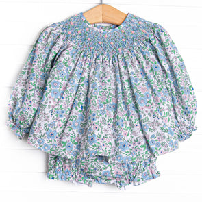 Tea Party Petals Smocked Diaper Set, Blue