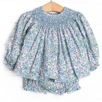 Tea Party Petals Smocked Diaper Set, Blue