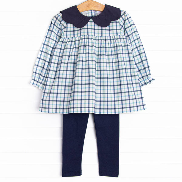 This set features a blue plaid print, a navy blue scalloped edged collar, and navy leggings