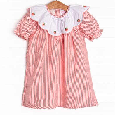 Strawberry Jam Stripes Embroidered Dress, Red