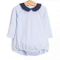 This cozy knit favorite is a staple for every little guy's closet. Featured here in light blue stripes with a navy blue collar.