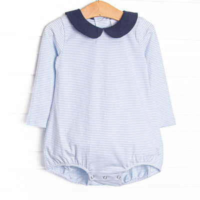 This cozy knit favorite is a staple for every little guy's closet. Featured here in light blue stripes with a navy blue collar.