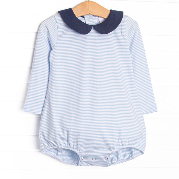This cozy knit favorite is a staple for every little guy's closet. Featured here in light blue stripes with a navy blue collar.