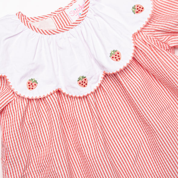 Strawberry Jam Stripes Embroidered Dress, Red