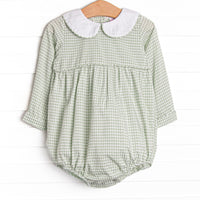  This bubble features a green gingham print, a peter pan collar, and snaps on the stride. 
