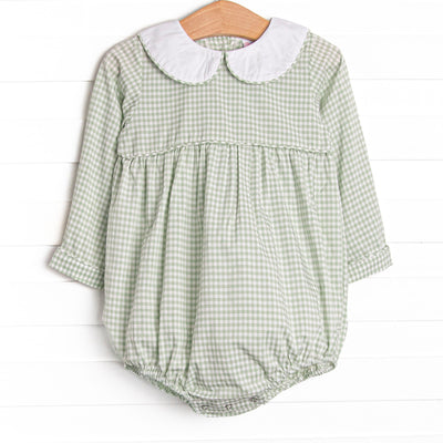  This bubble features a green gingham print, a peter pan collar, and snaps on the stride. 