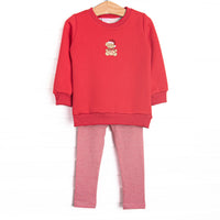  This set features a red sweatshirt top, a teddy bear embroidery, and long sleeves. Coordinating striped leggings to match. 