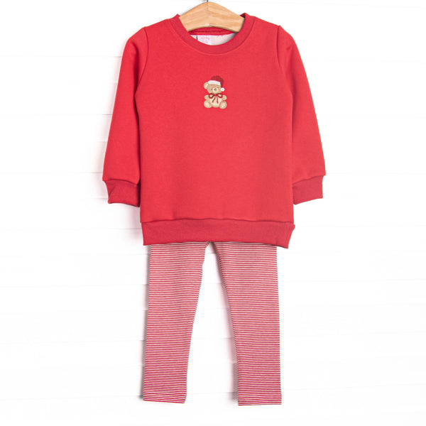  This set features a red sweatshirt top, a teddy bear embroidery, and long sleeves. Coordinating striped leggings to match. 
