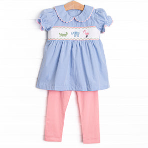 Zoo Park Pals Smocked Legging Set, Blue