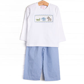 Zoo Park Pals Smocked Pant Set, Blue