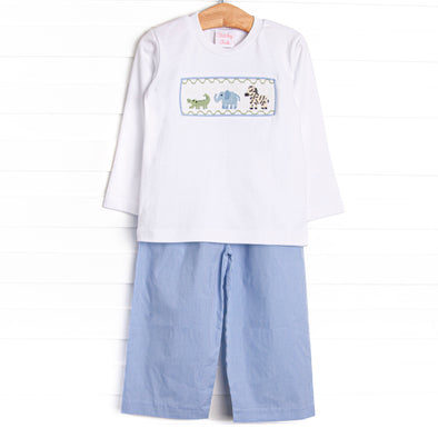 Zoo Park Pals Smocked Pant Set, Blue