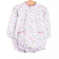  This bubble features a leaves and bows print, a pink ruffle neck, and ruffle front pockets. 